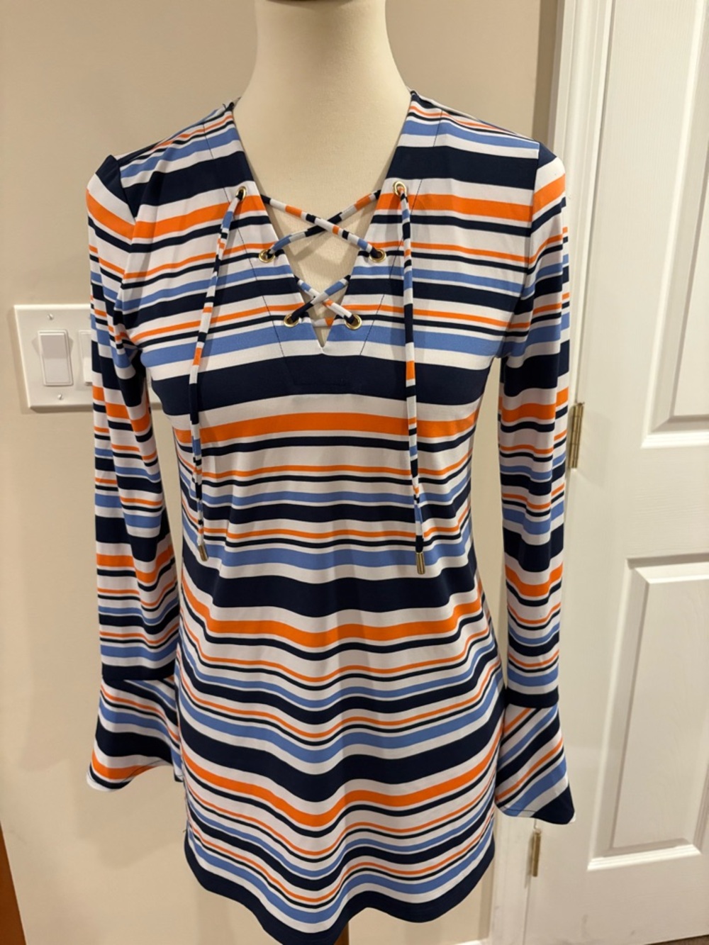Michael Kors Navy, Light Blue & Orange Striped Lace-Up Long Sleeve Top